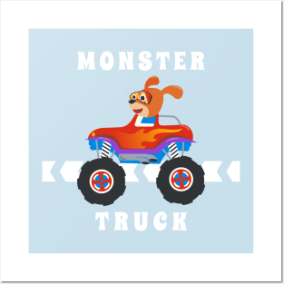 Cartoon vector of monster truck with little animal driver. Posters and Art